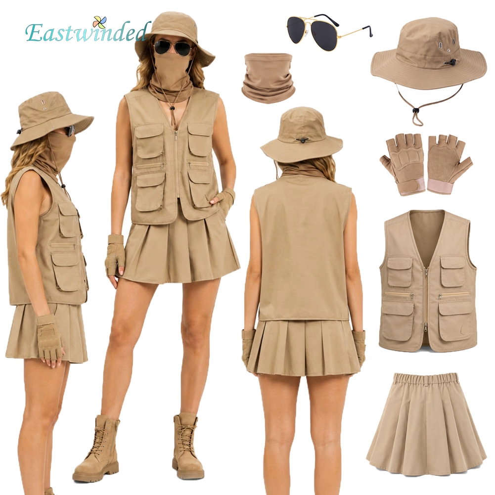 Outdoor Adventure Outfit - 여성 탐험가 야외 의류 모자 장갑